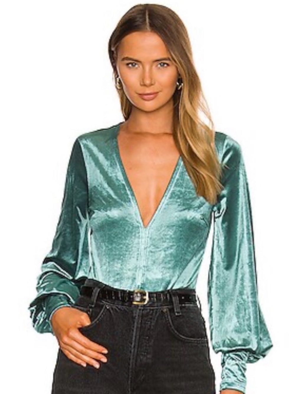 Bardot Emerald Green Velvet Long Sleeve Bodysuit